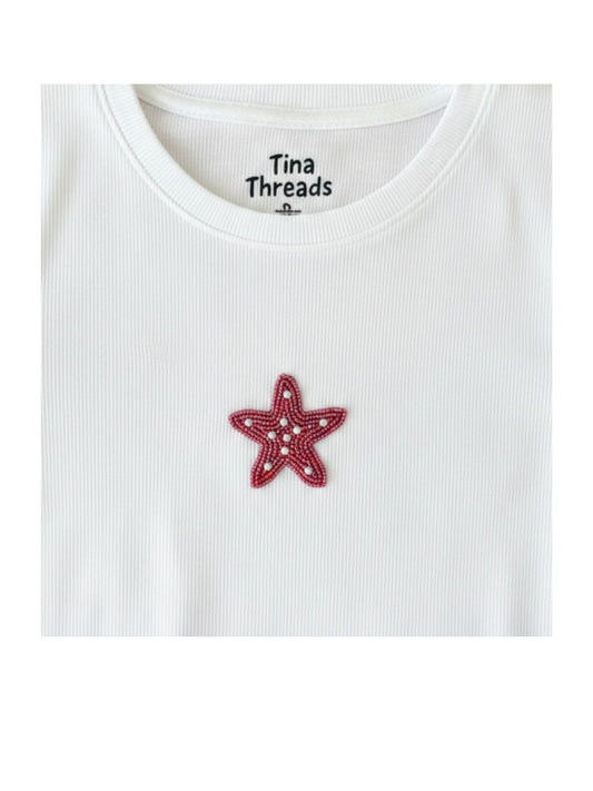 Women's Starfish Beaded T-Shirt - Black | Hand-Beaded | Cotton