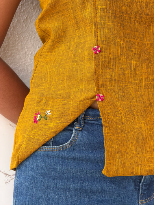 Marigold Side-Button Embroidered top