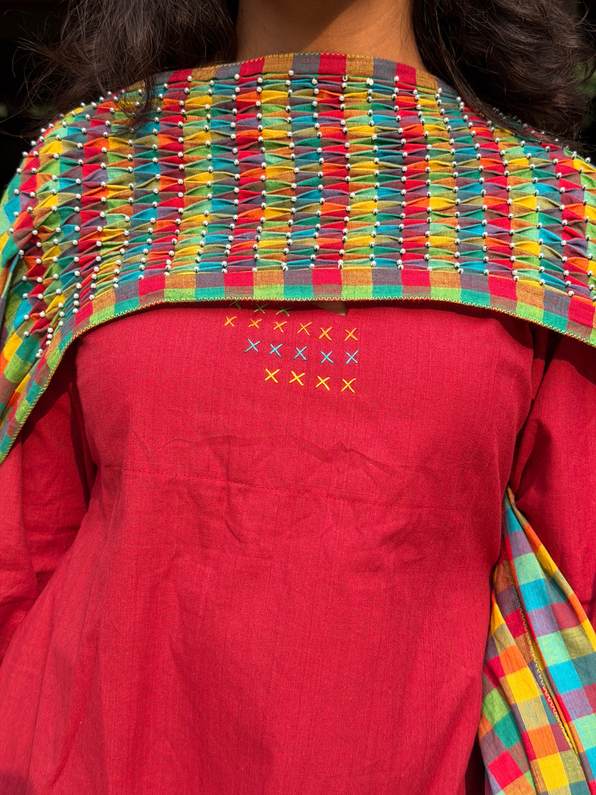 Red kurta with Hand smocked dupatta