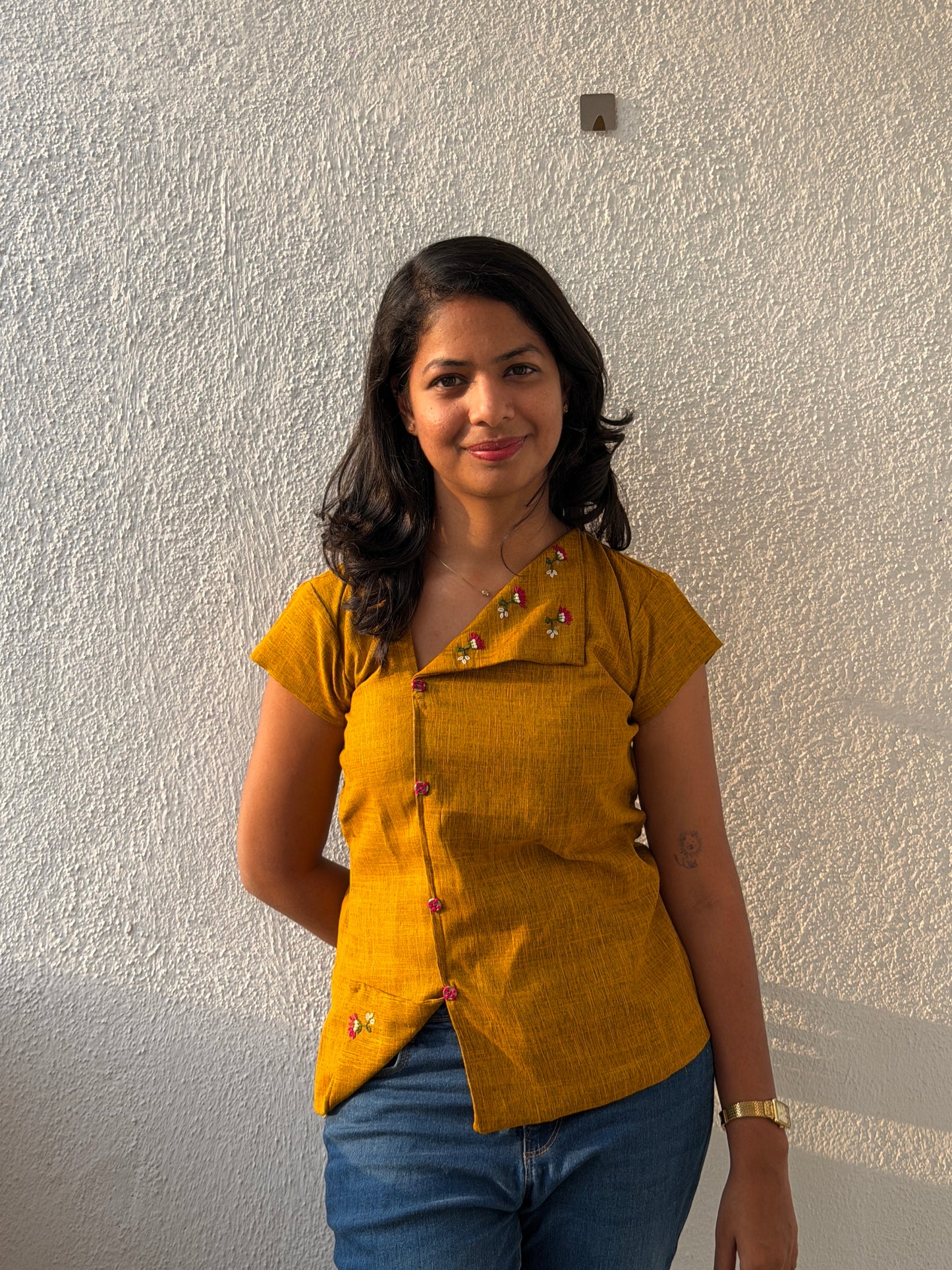 Marigold Side-Button Embroidered top
