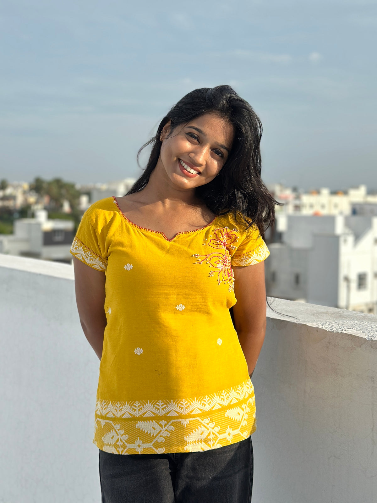Yellow Jamdhani Embroidered Top
