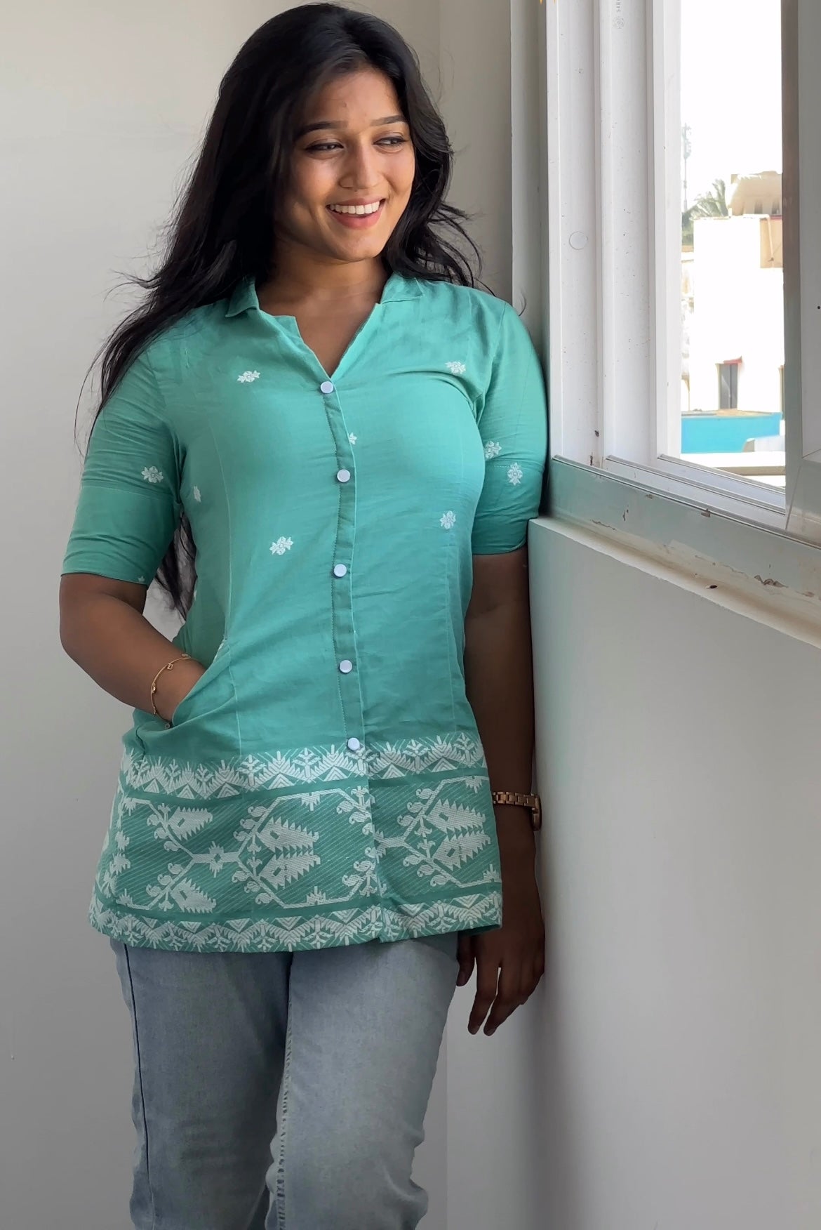 Turquoise Jamdhani Kurti
