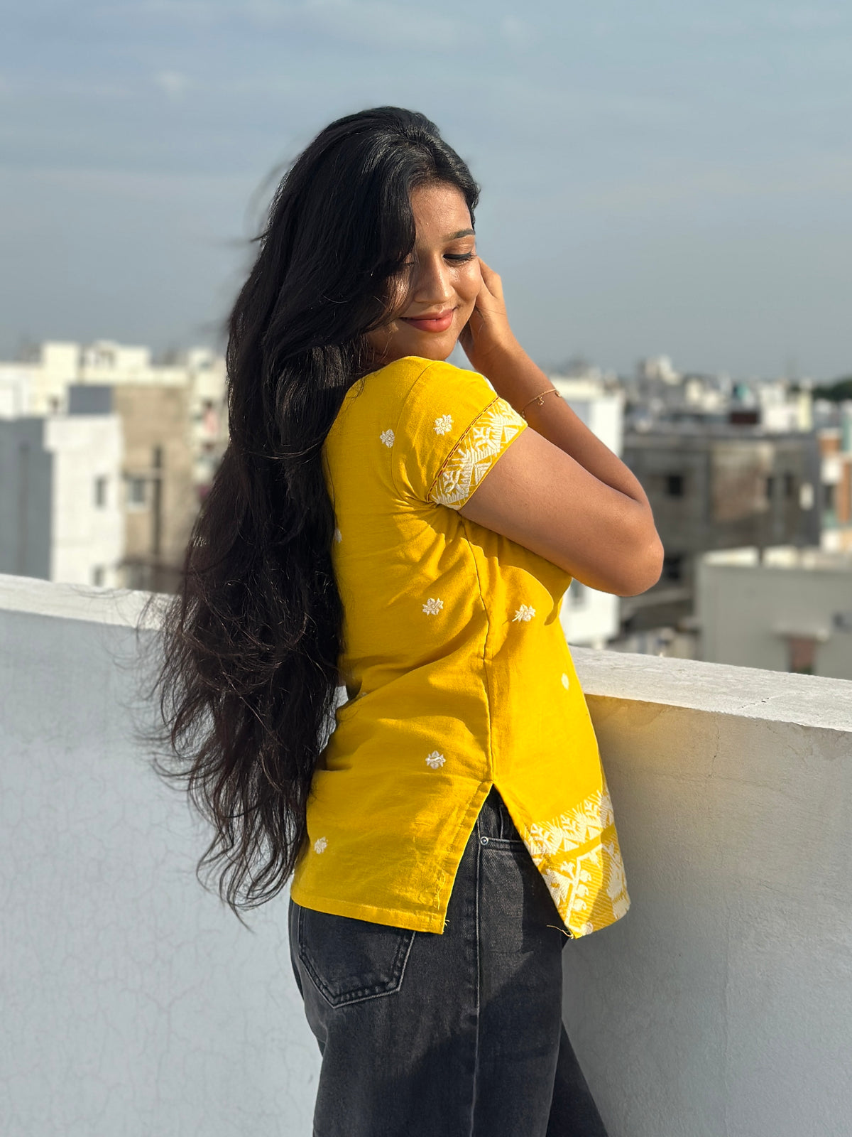 Yellow Jamdhani Embroidered Top