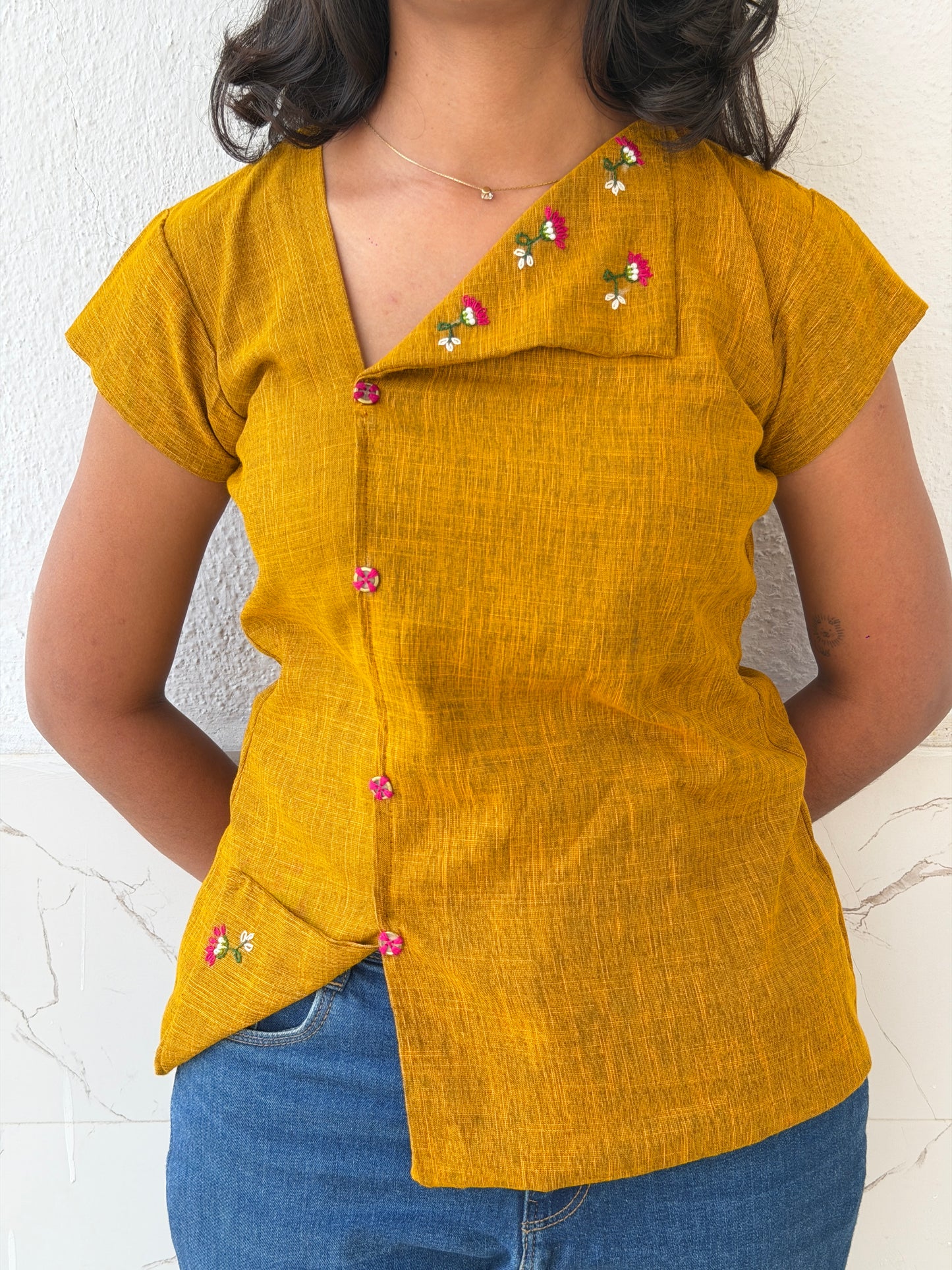 Marigold Side-Button Embroidered top