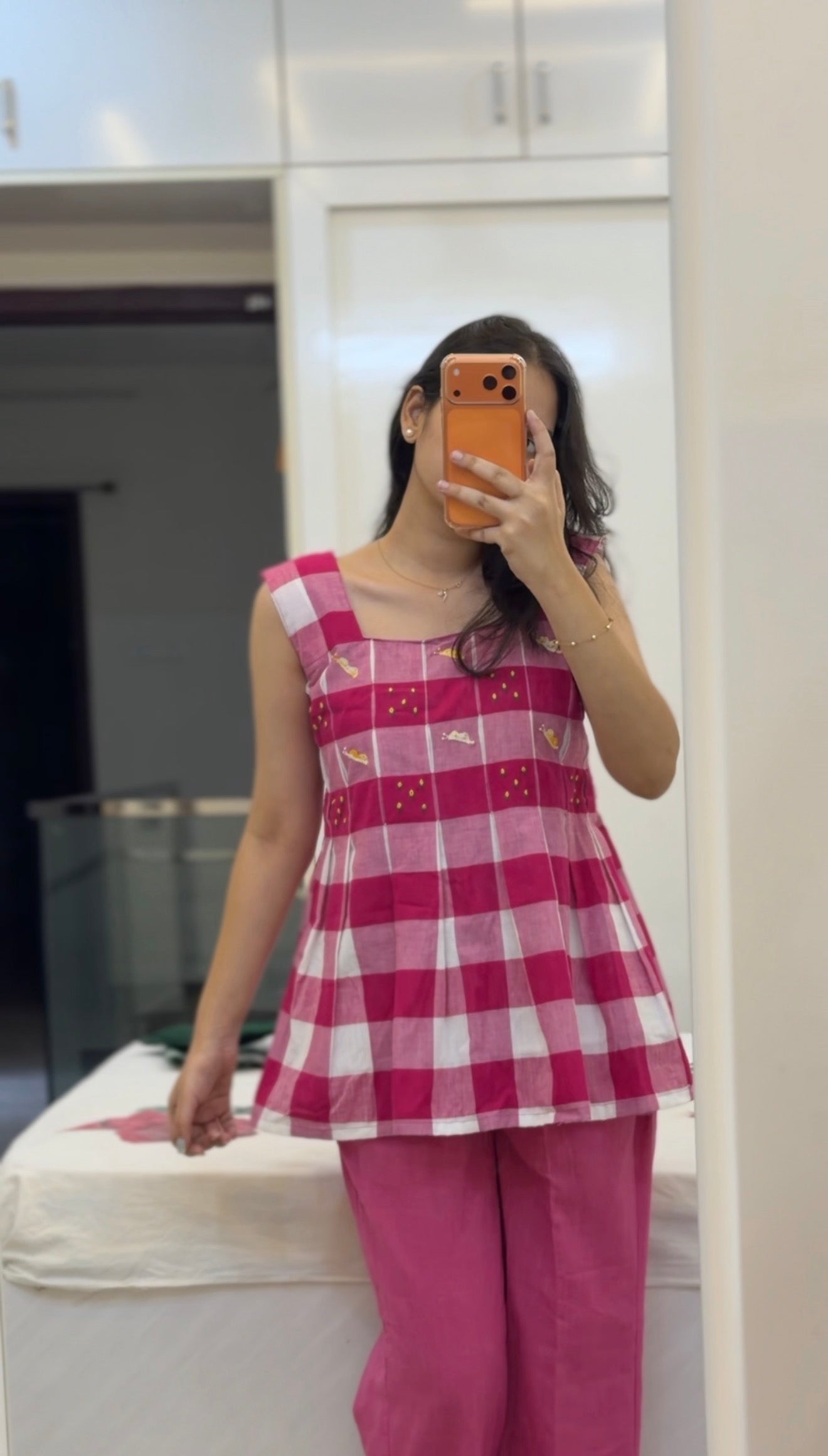 Gingham embroidered top
