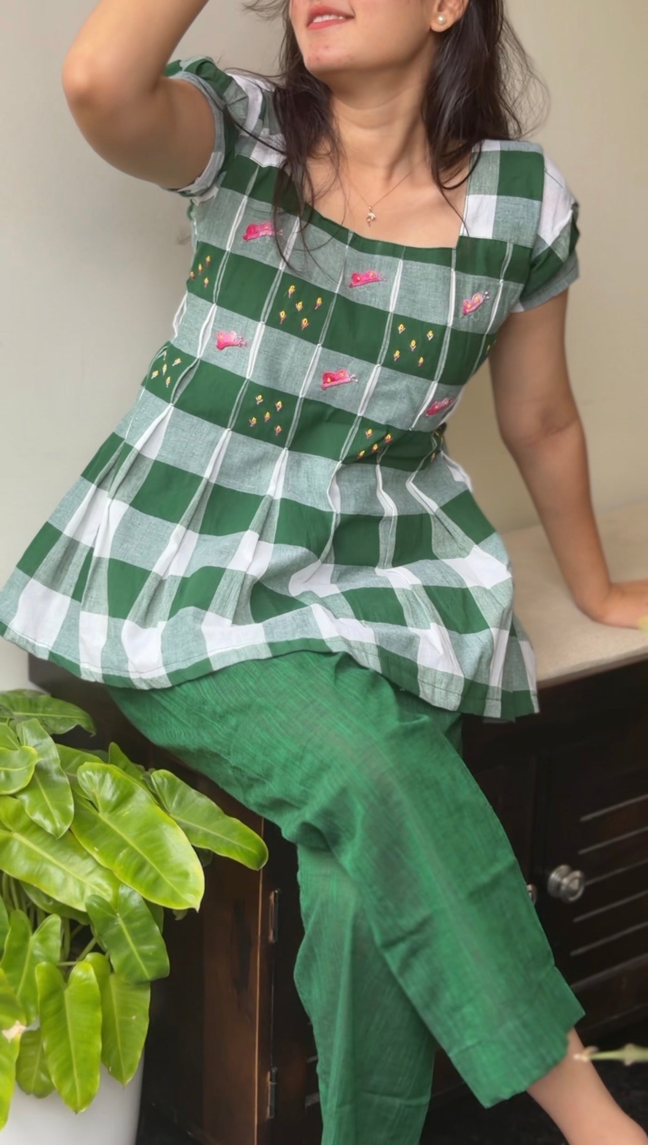 Gingham embroidered top
