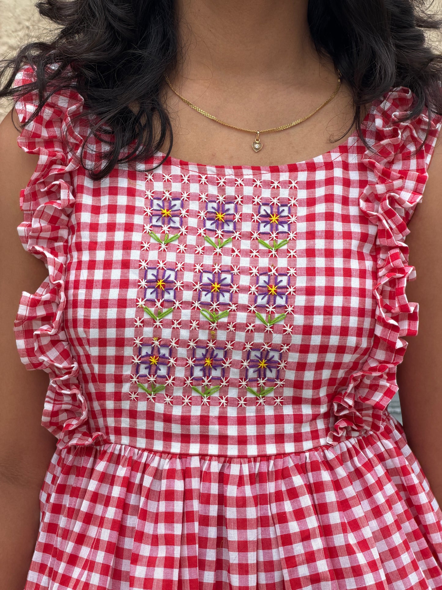 Hana - Gingham Sashiko embroidered dress