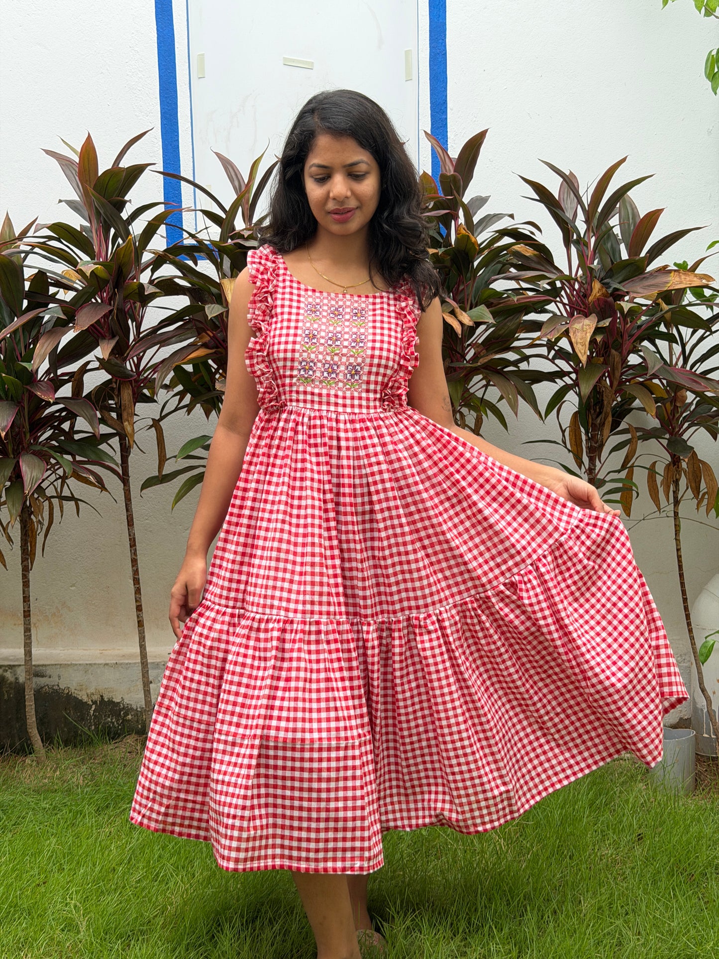 Hana - Gingham Sashiko embroidered dress
