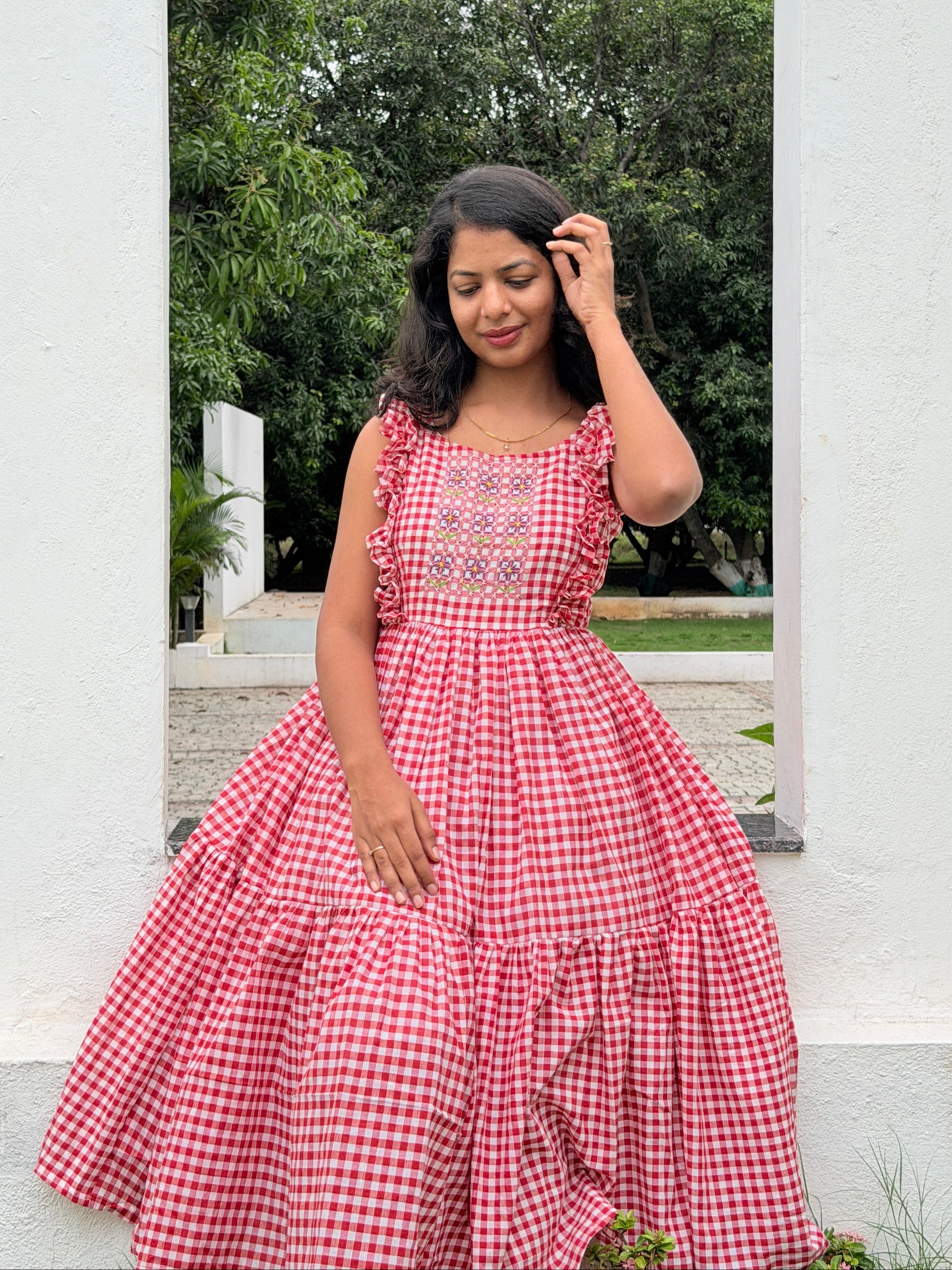 gingham embroidered dress Short-Sleeved Classic Shirtwaist Maxi Dress in Navy/Red Embroidered Gingham