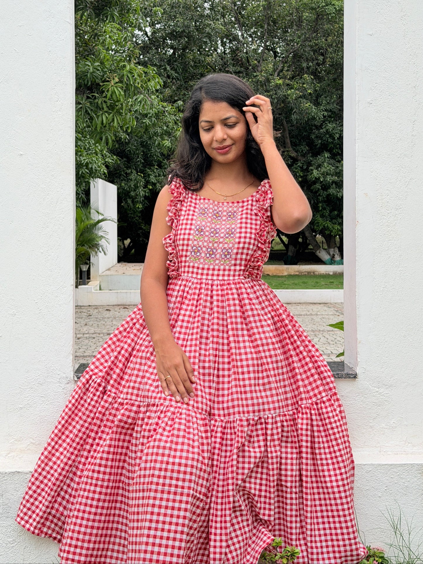 Hana - Gingham Sashiko embroidered dress