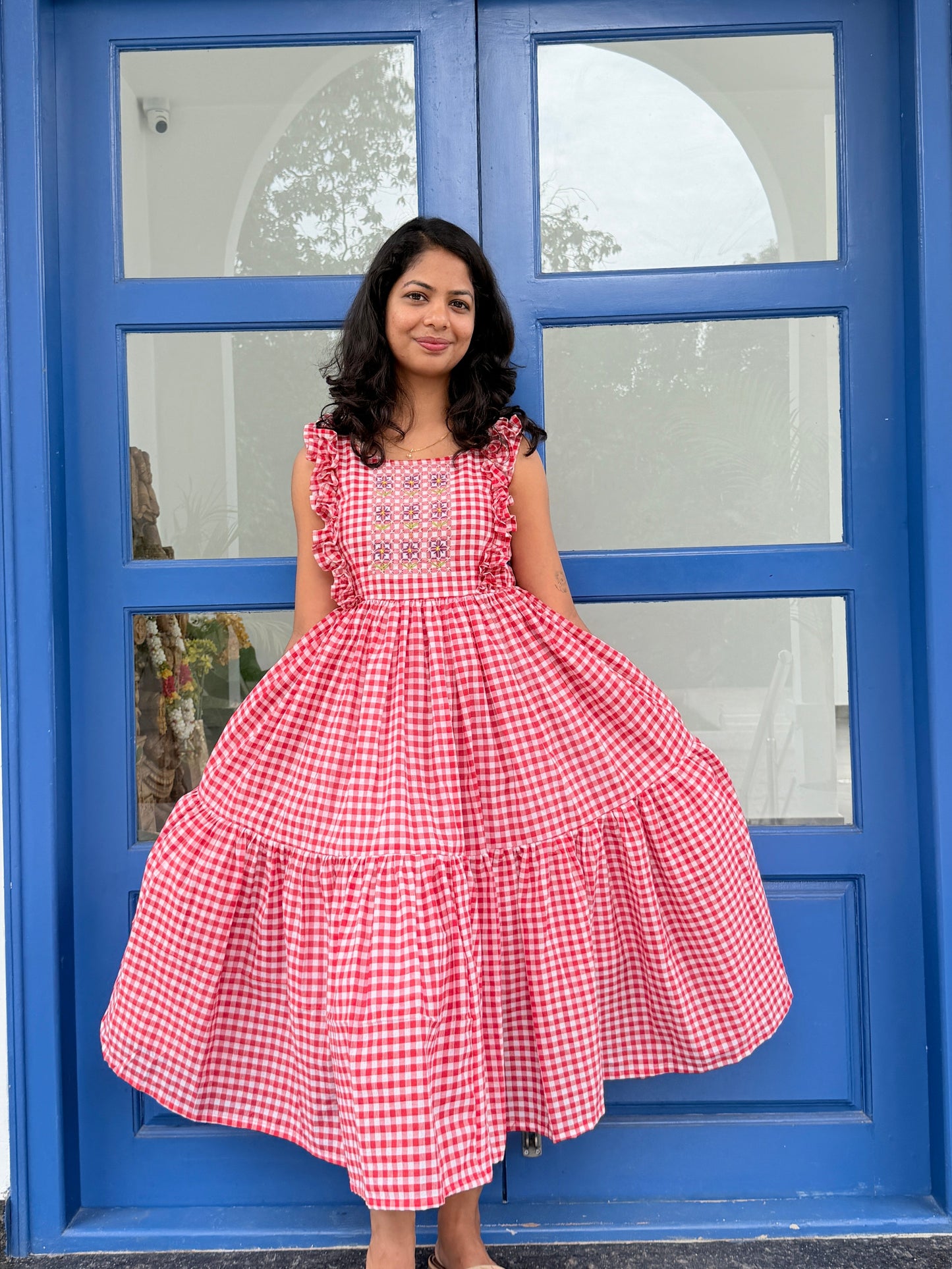 Hana - Gingham Sashiko embroidered dress