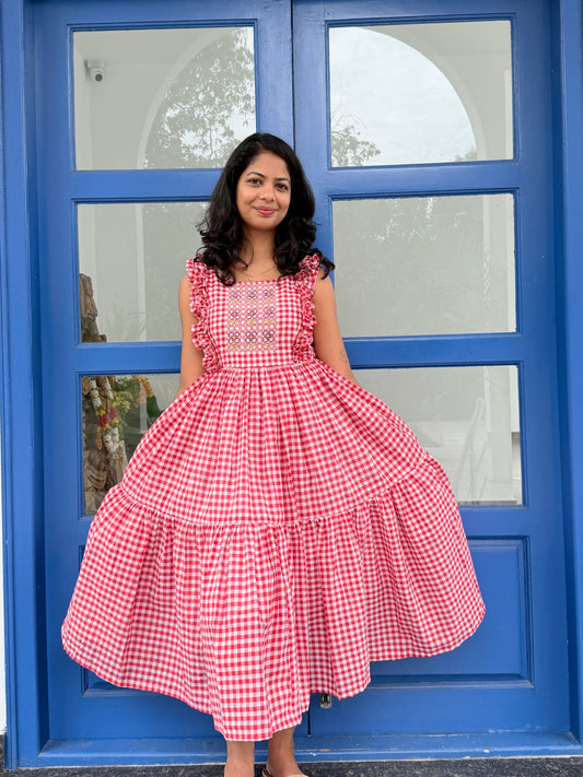 Hana - Gingham Sashiko embroidered dress