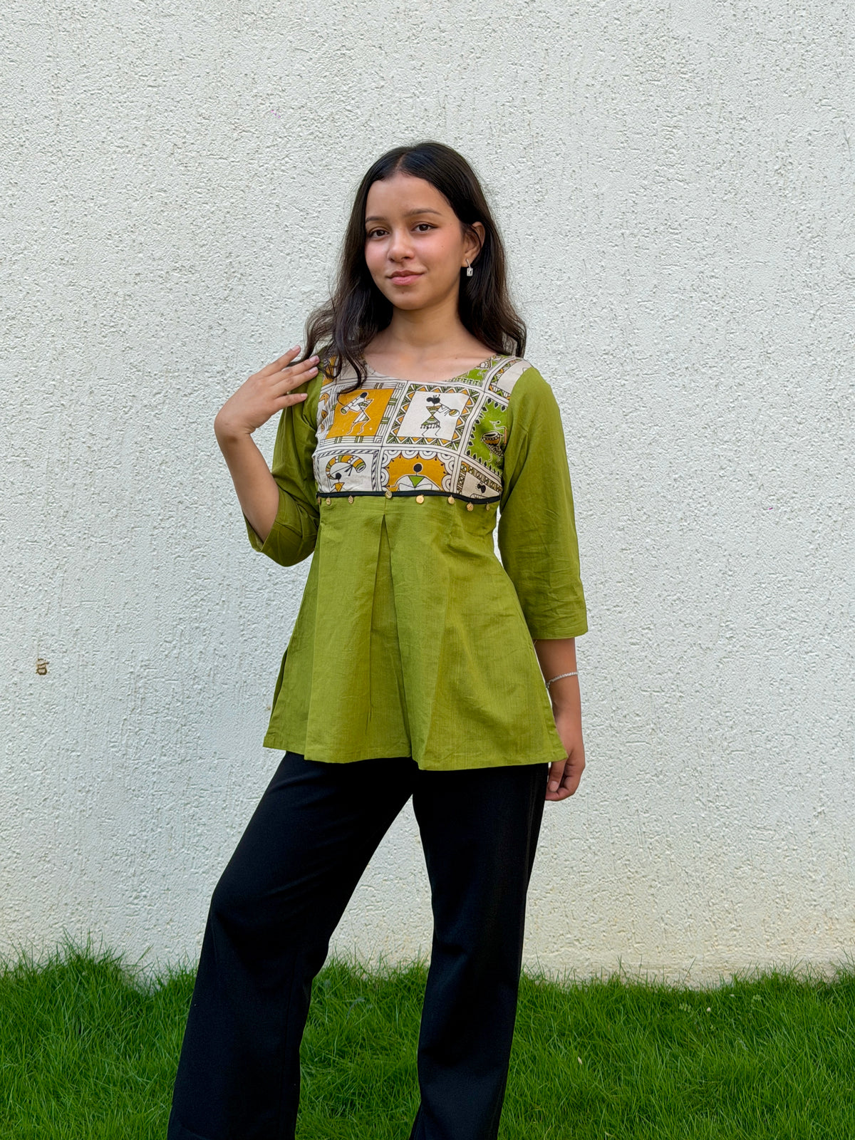 Warli Olive green Short Kurti