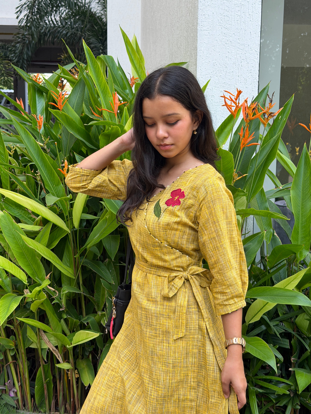 Mustard Yellow Applique Wrap Dress