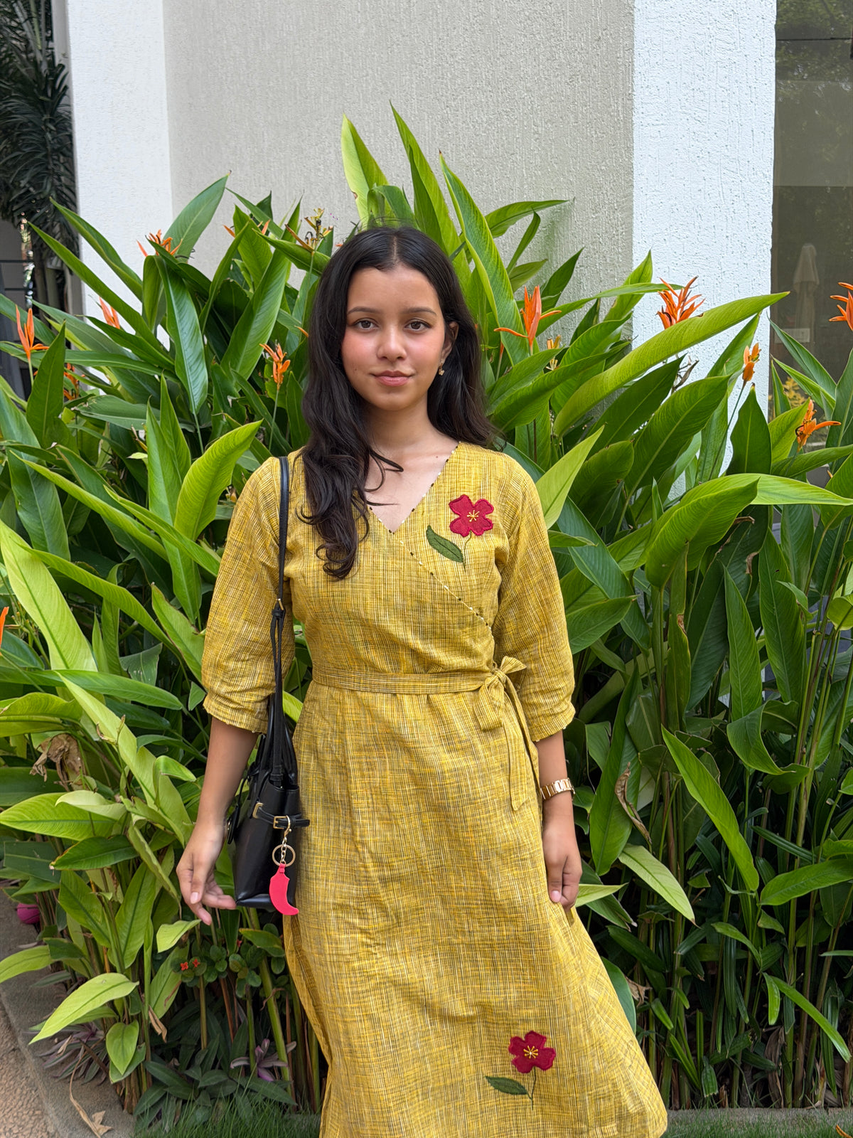 Mustard Yellow Applique Wrap Dress