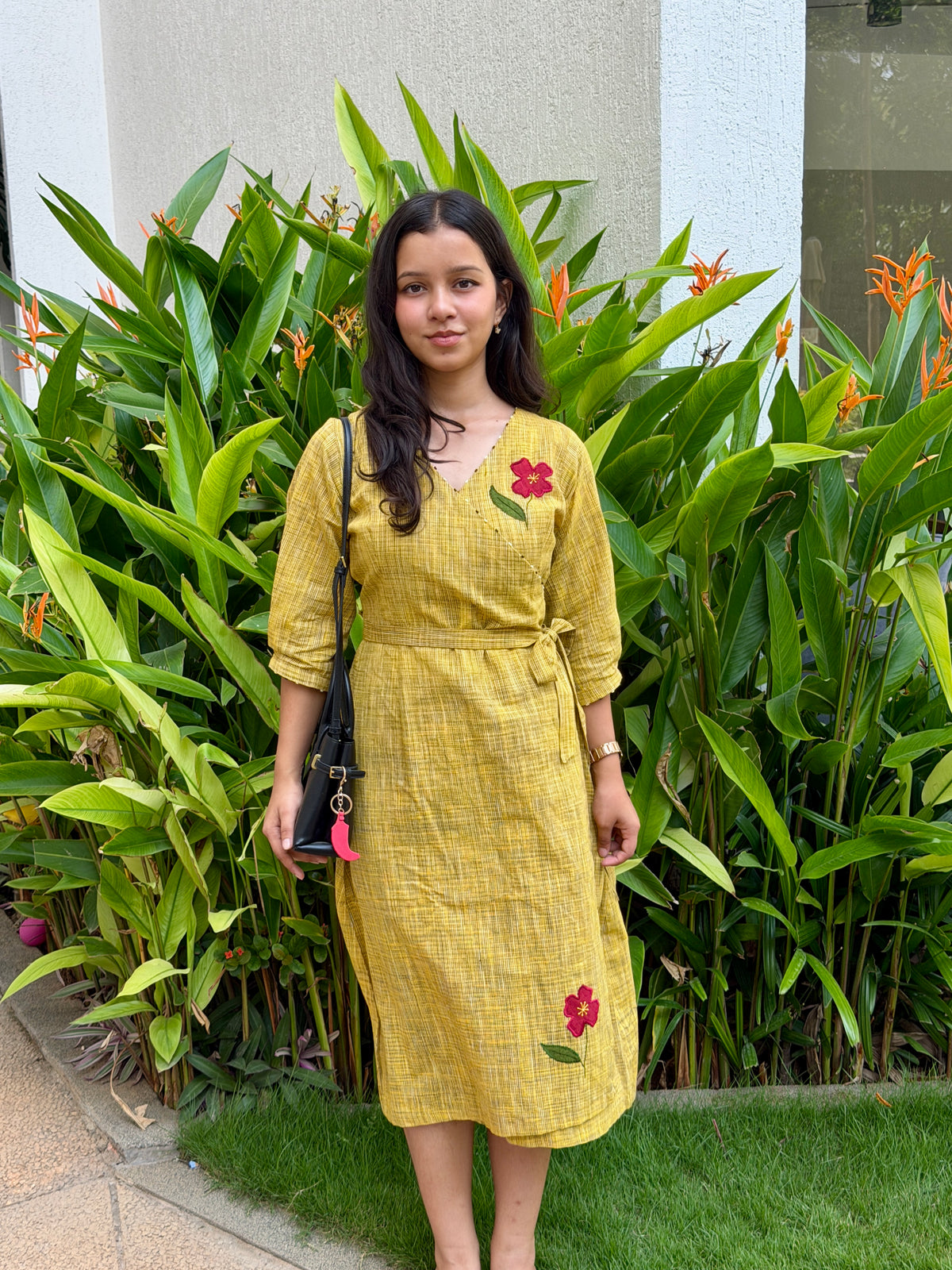 Mustard Yellow Applique Wrap Dress