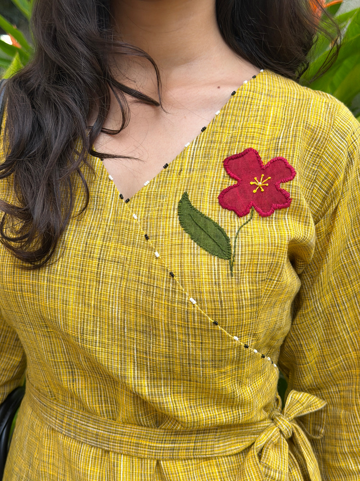 Mustard Yellow Applique Wrap Dress