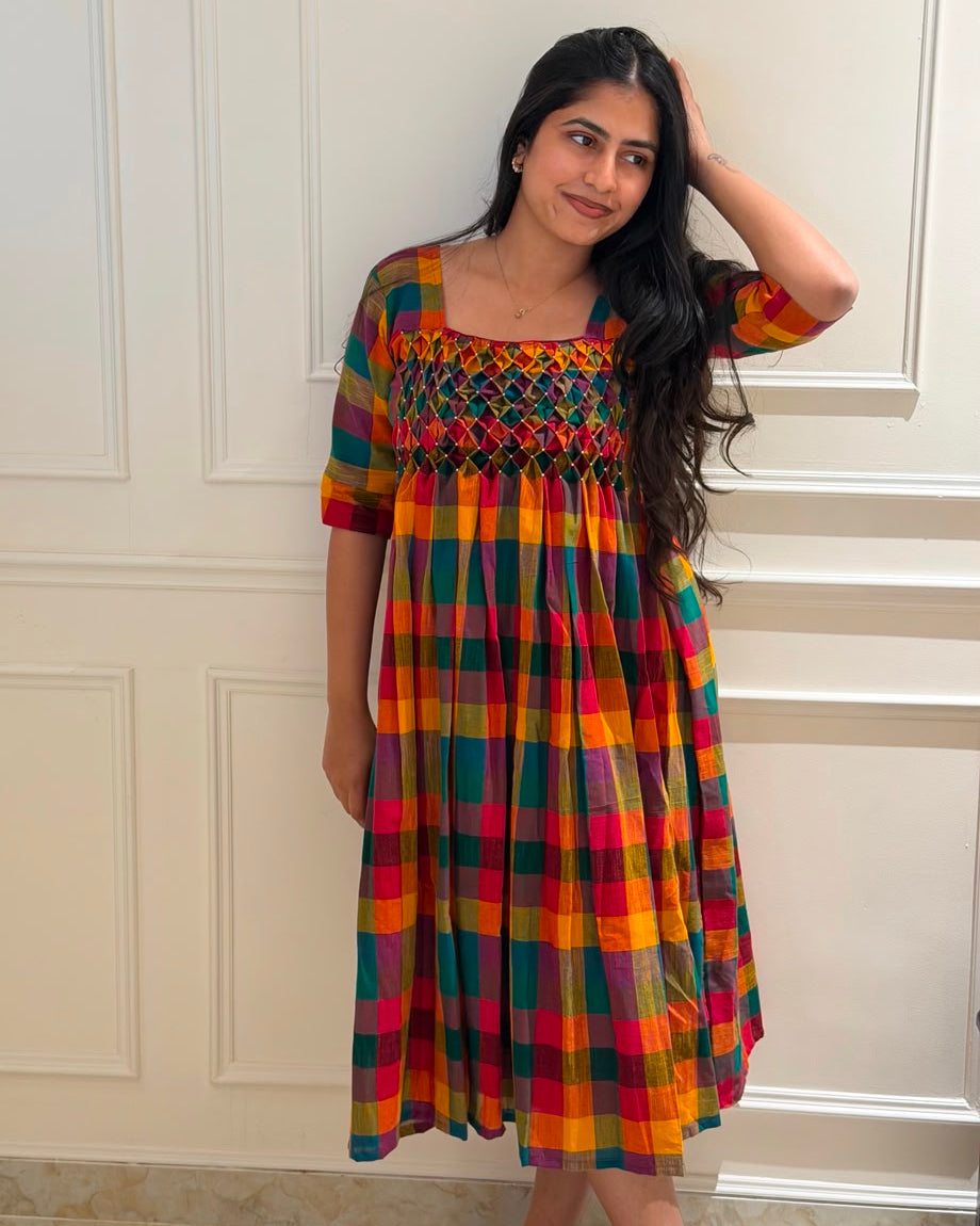Hand Smocked Dress - Madras kattam