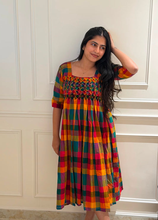 Hand Smocked Dress - Madras kattam