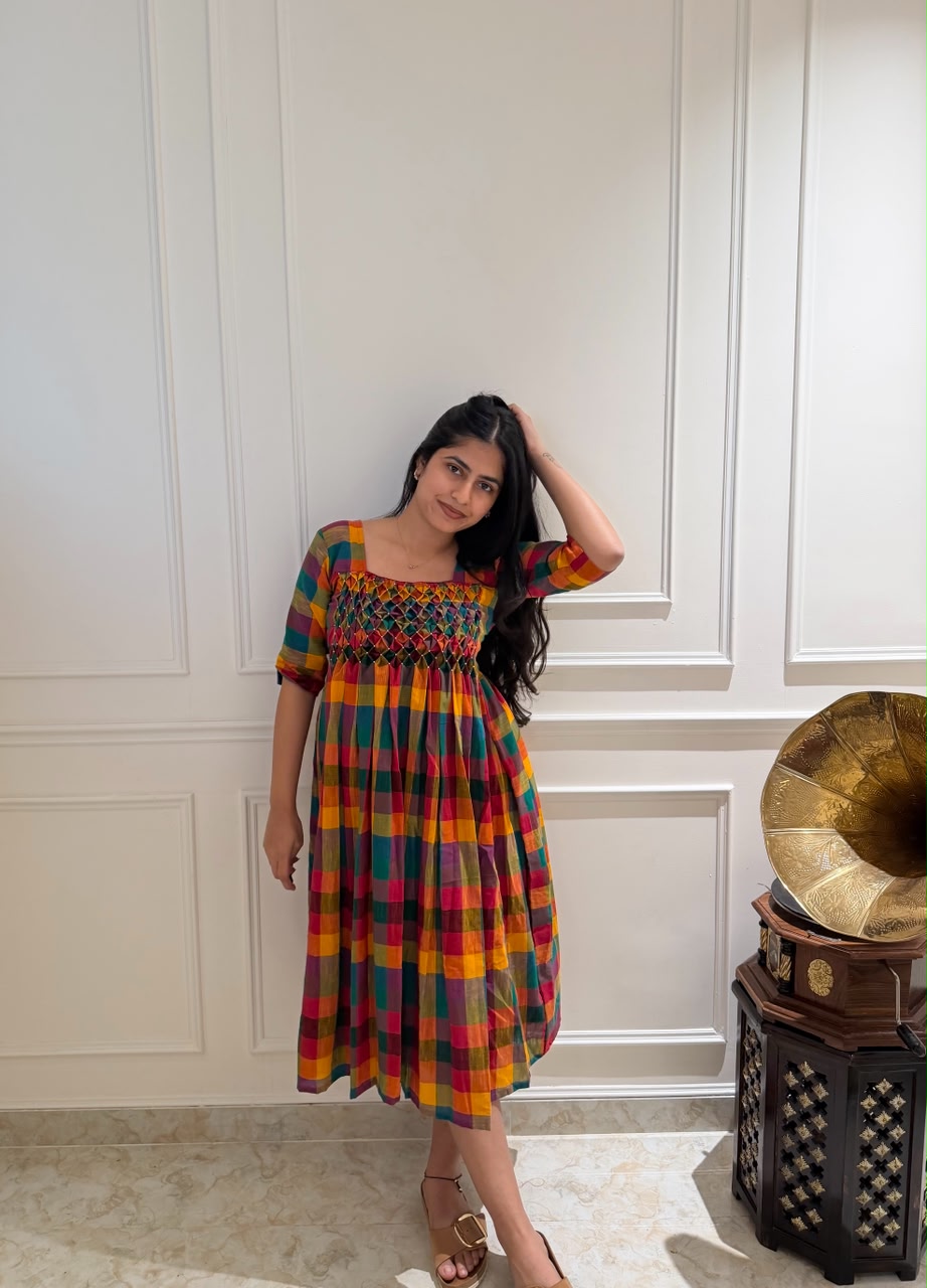 Hand Smocked Dress - Madras kattam